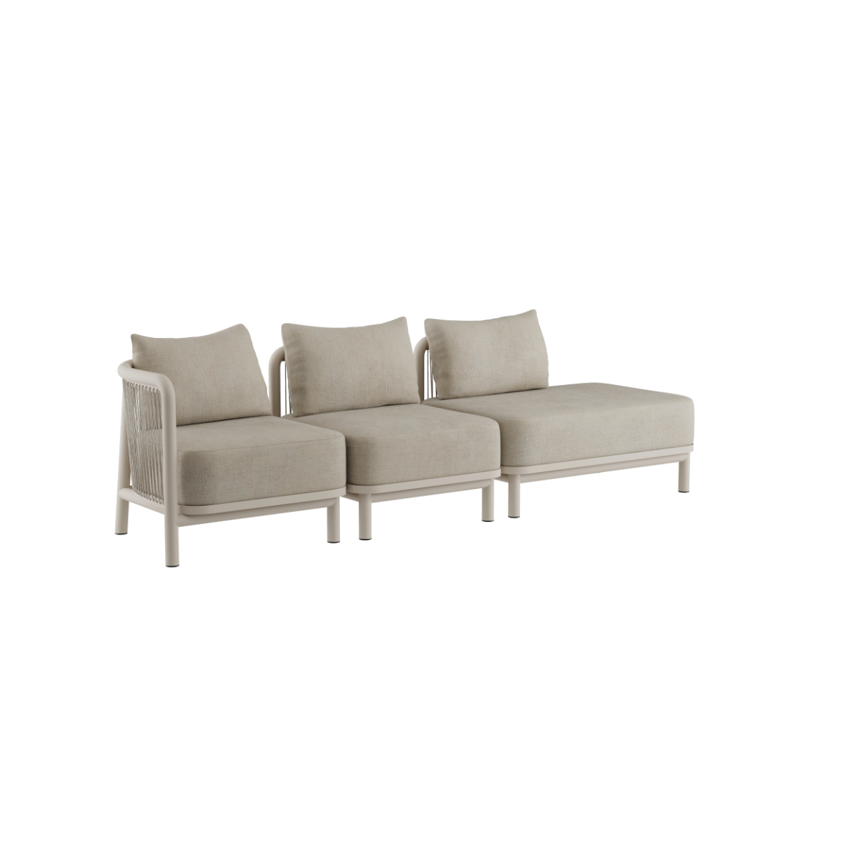 Kirra Lounge Sofa i sandfarvet med venstre åben ende, modulært udendørs loungesystem i aluminium og olefin tekstil.