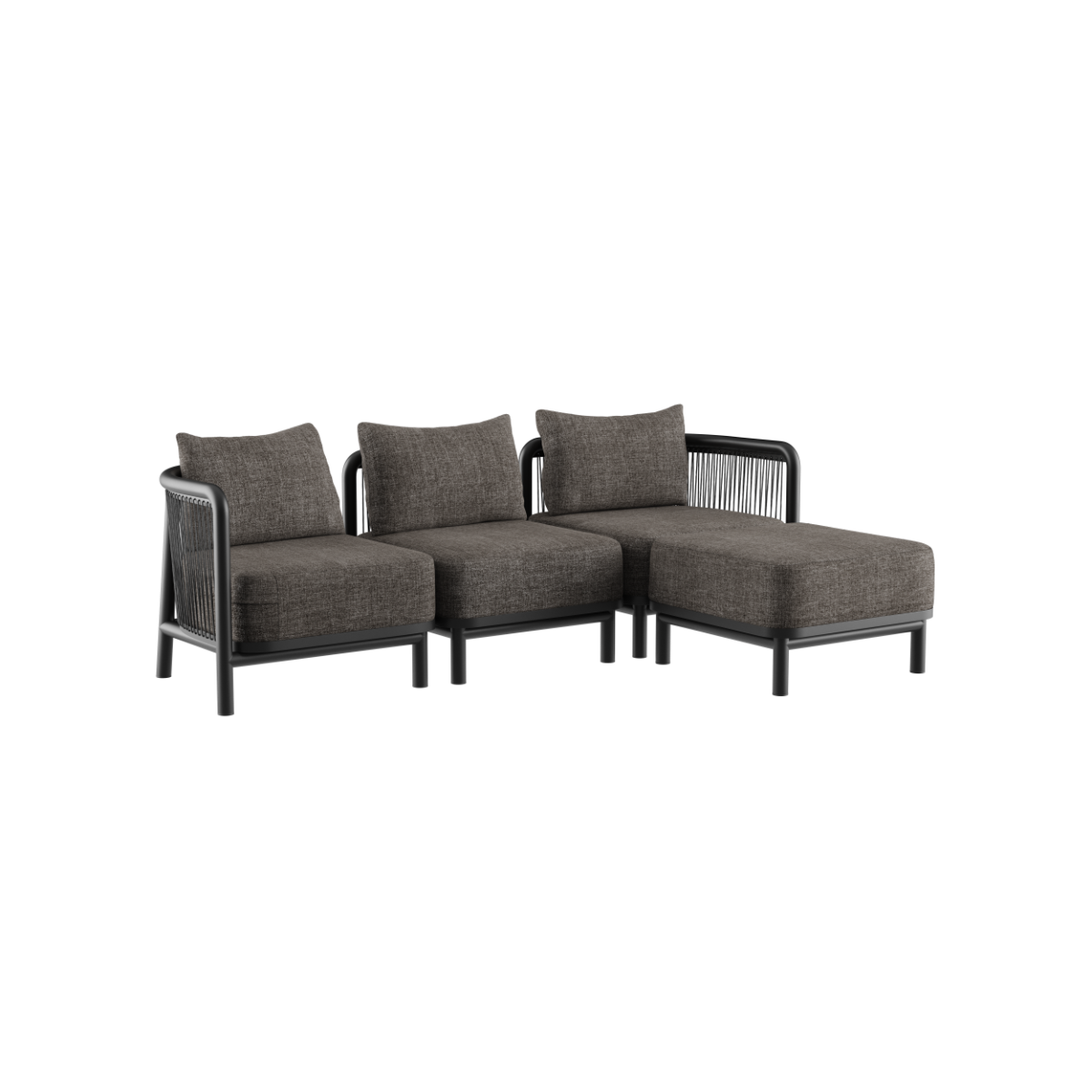 Kirra Lounge Sofa i sort med puf, modulært udendørs loungesystem med aluminiumsramme og olefin tekstil.