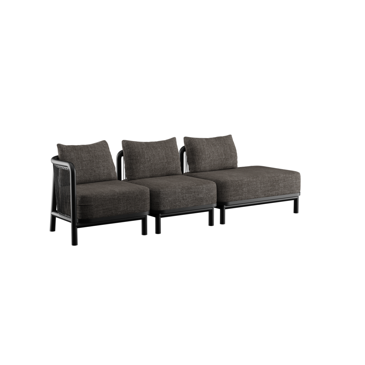 Sort Kirra Lounge Sofa med tre sæder og åbent venstre endestykke i aluminiumsramme og olefin tekstil.