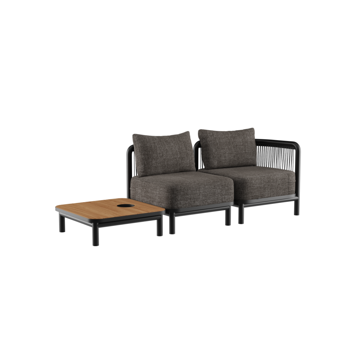 Sort Kirra Lounge Sofa med 2 sæder og Kirra bord, udendørs med tilbehør, moderne design.