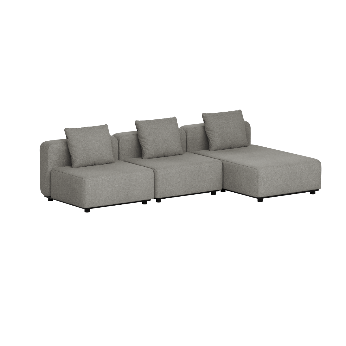 Grå modulopbygget loungesofa til udendørs brug med tre rygpuder og højrevendt chaiselong på sort sokkel fra sackit til terrasse og have