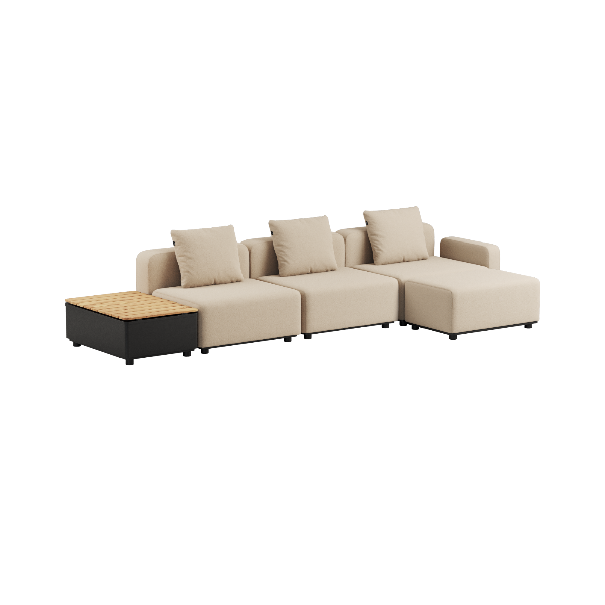 Boucle Beige Cobana Lounge Sofa 3-personers med armlæn, puf og Patio Storage Table i sort og teaktræ.