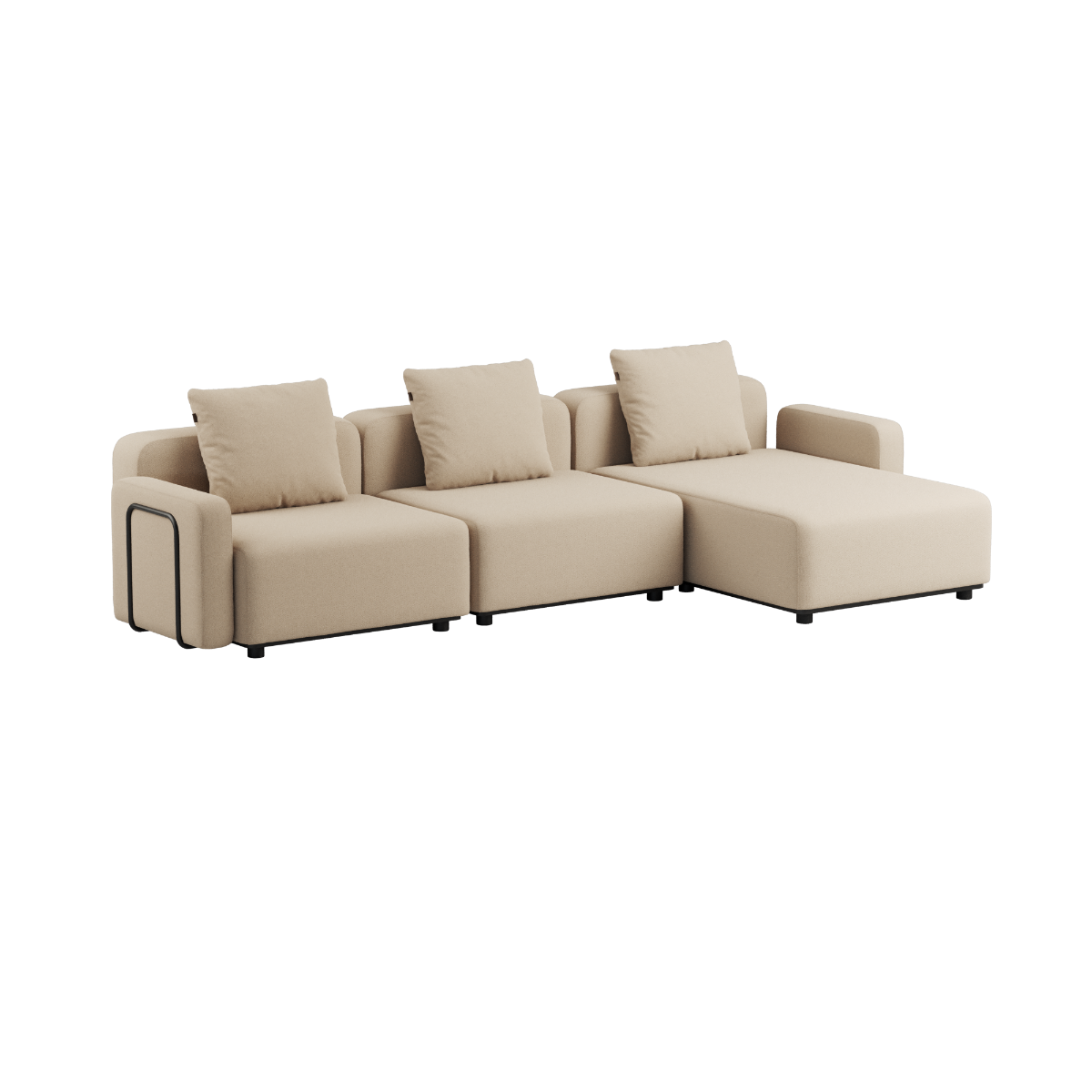 Udendørs Cobana Lounge Sofa 3-personers med chaiselong i sort uden armlæn, aluminiumsramme og puder.