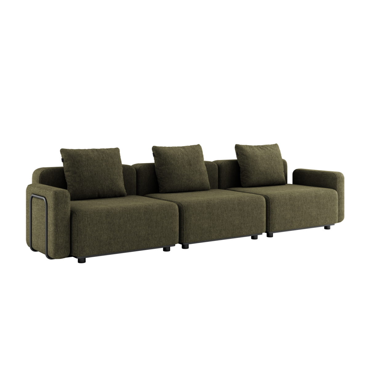 Kirra Olive Cobana Lounge Sofa med armlæn, tre sæder, uden puf, udendørs i skandinavisk design.