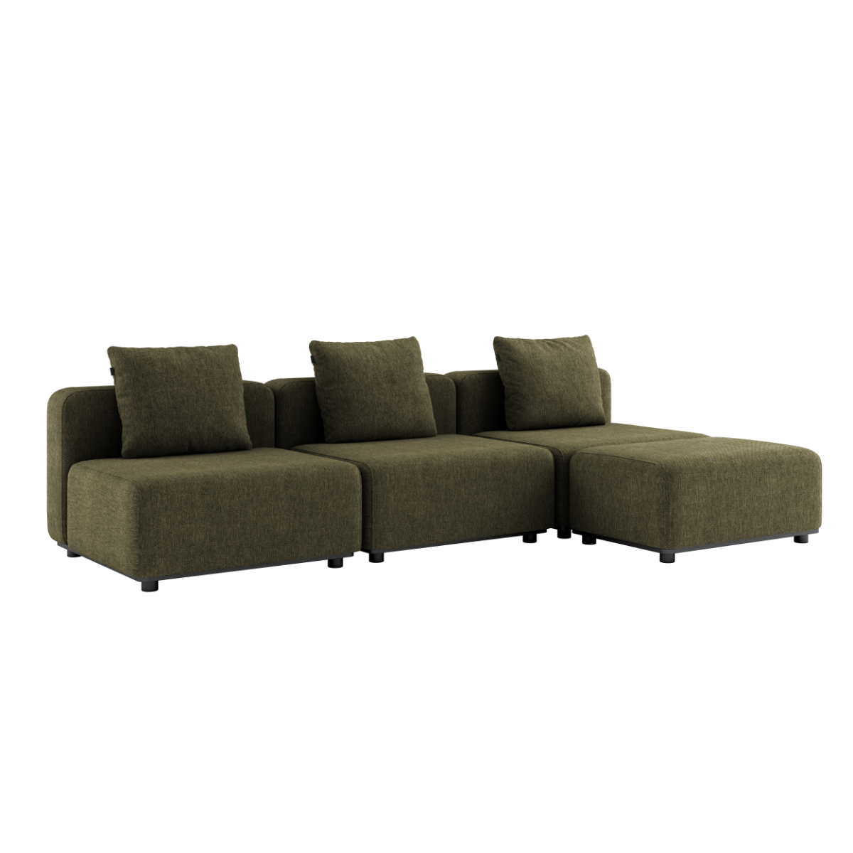 Kirra Olive Cobana Lounge Sofa med tre moduler og puf i pulverlakeret aluminiumsramme uden armlæn.