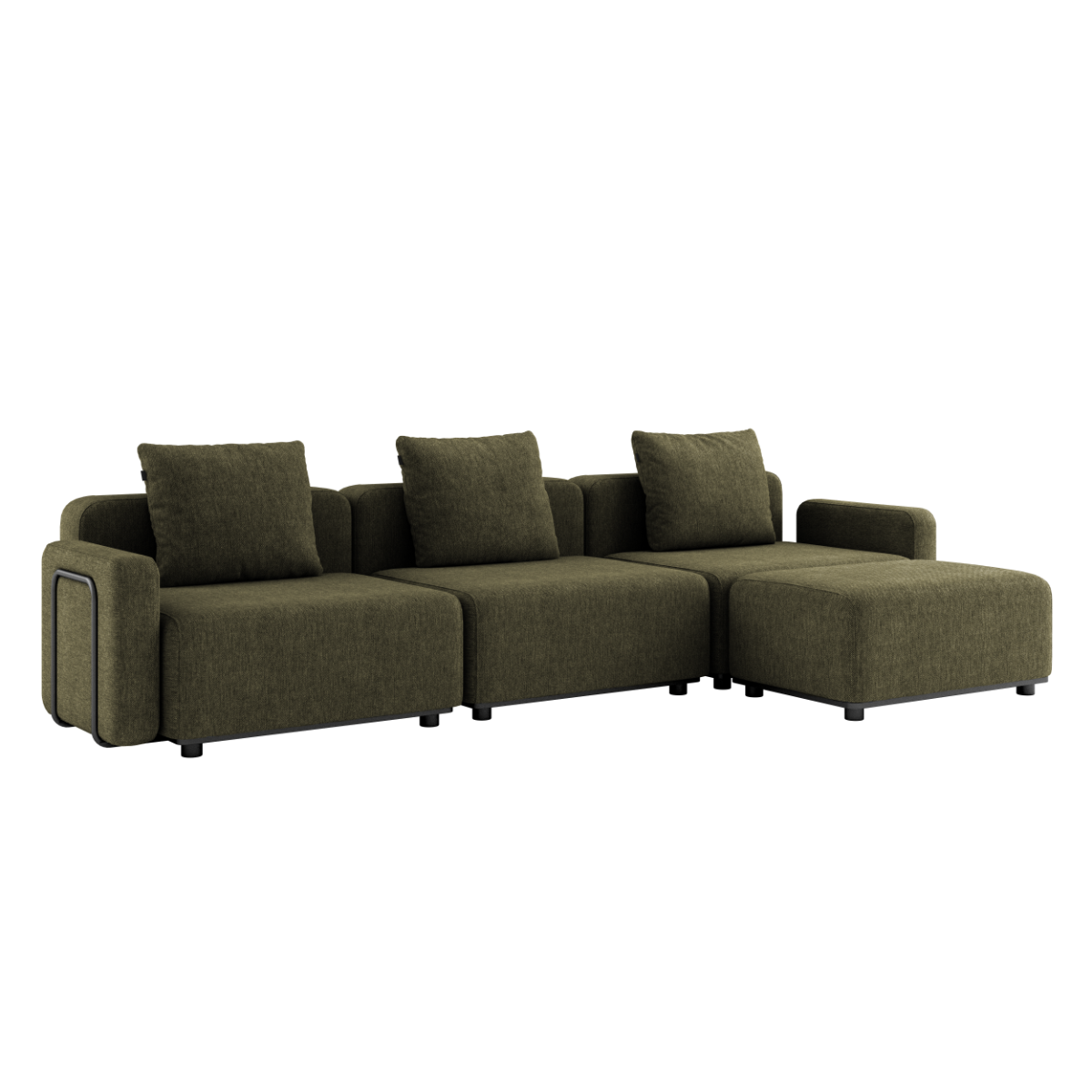 Udendørs Cobana Lounge Sofa i Kirra Olive med armlæn og puf, modulopbygget i skandinavisk design.