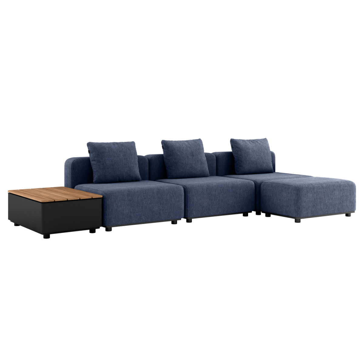 Udendørs Cobana Lounge Sofa i Kirra Indigo med tre moduler, puf og uden armlæn ved Patio Storage Table.