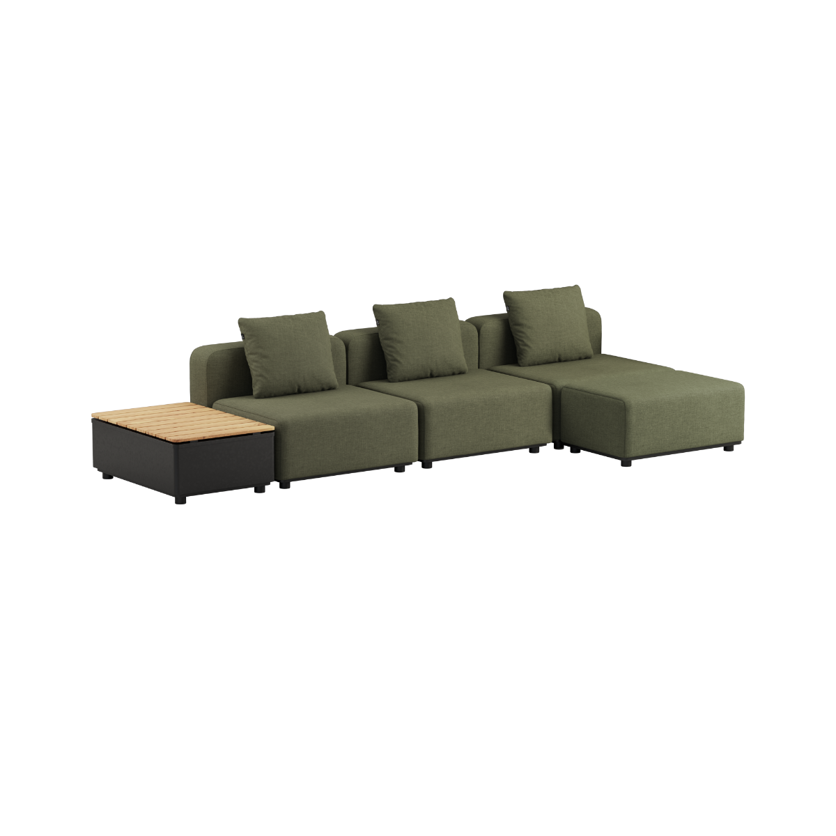 Olivegrøn modulopbygget loungesofa til udendørs brug med tre siddepladser og integreret sidebord i teaktræ fra sackit