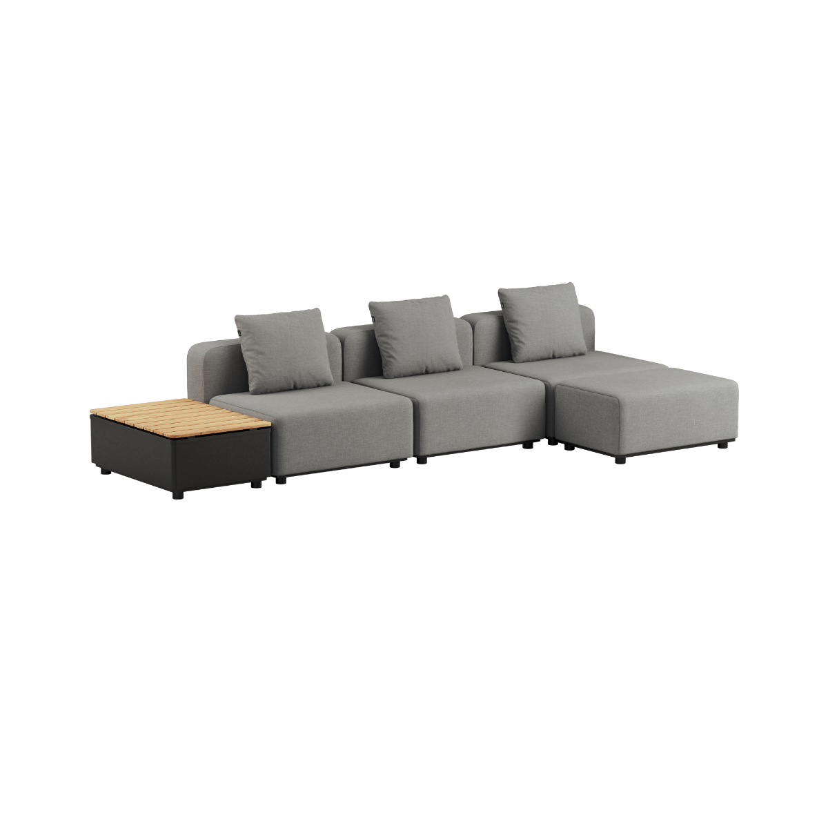 Grå Kirra Grey Cobana Lounge Sofa uden armlæn med puf og Patio Storage Table i udendørs miljø.