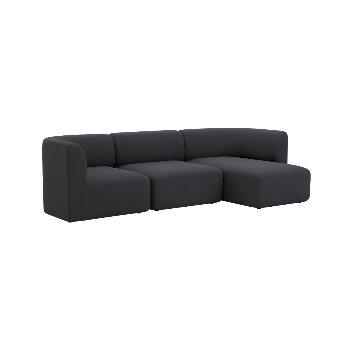 Mørkegrå Fjord sofa med tre siddepladser og højrevendt chaiselong fra sackit i blødt skandinavisk design
