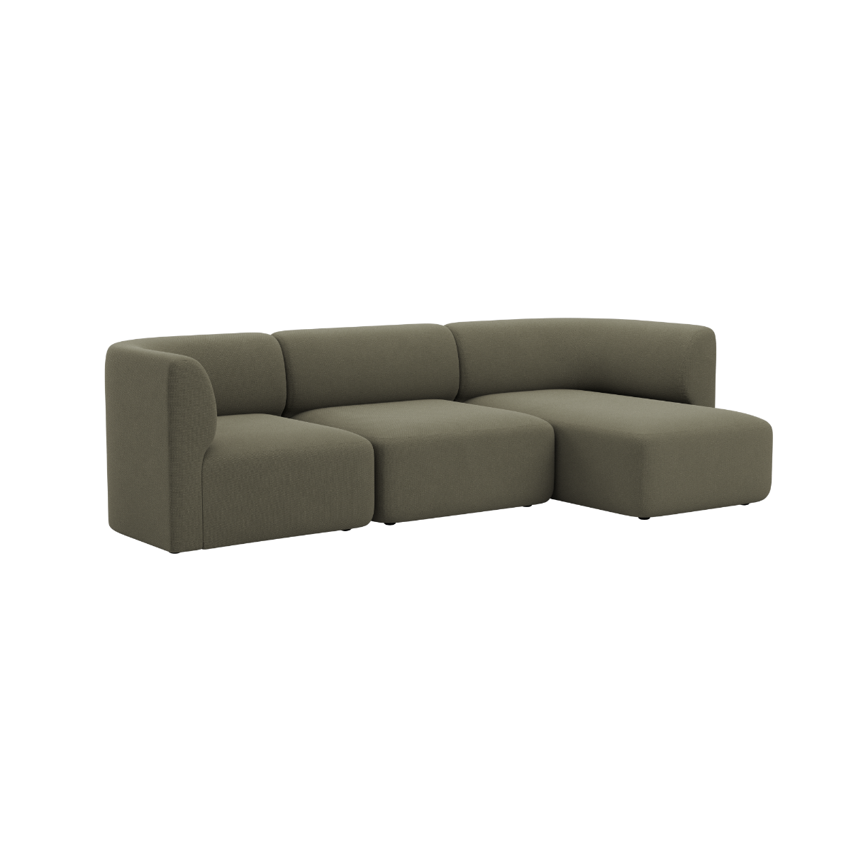 sackit Fjord sofa med tre siddepladser og højrevendt chaiselong i olivengrøn tekstil med bløde afrundede former og skandinavisk design