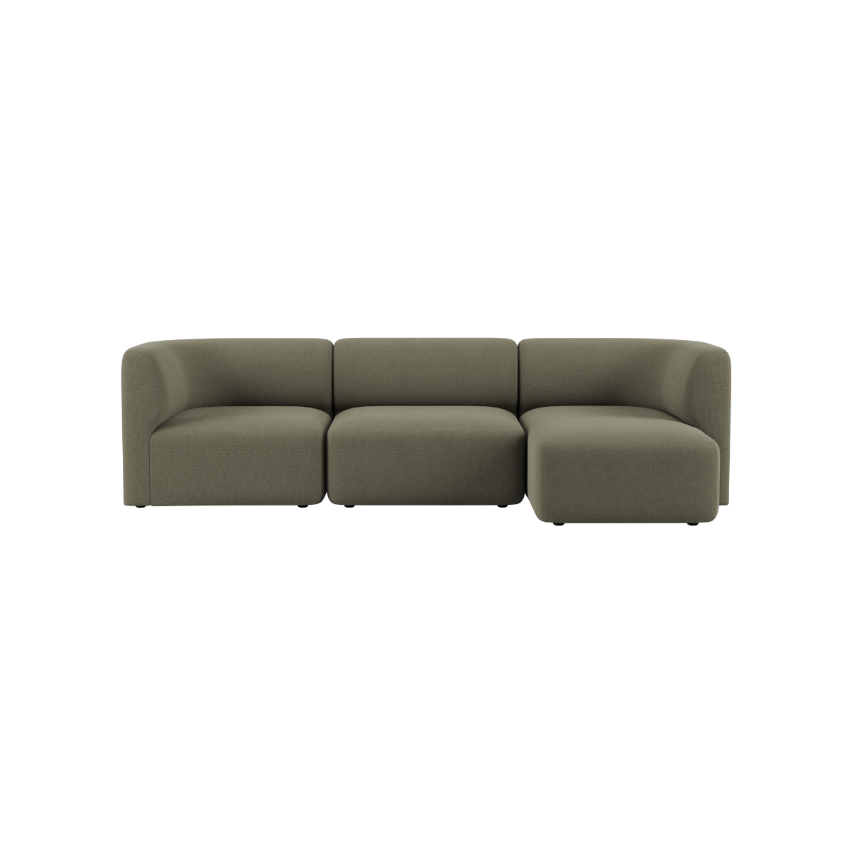 Fjord sofa med tre siddepladser og højrevendt chaiselong i blødt olivengrønt stof fra sackit