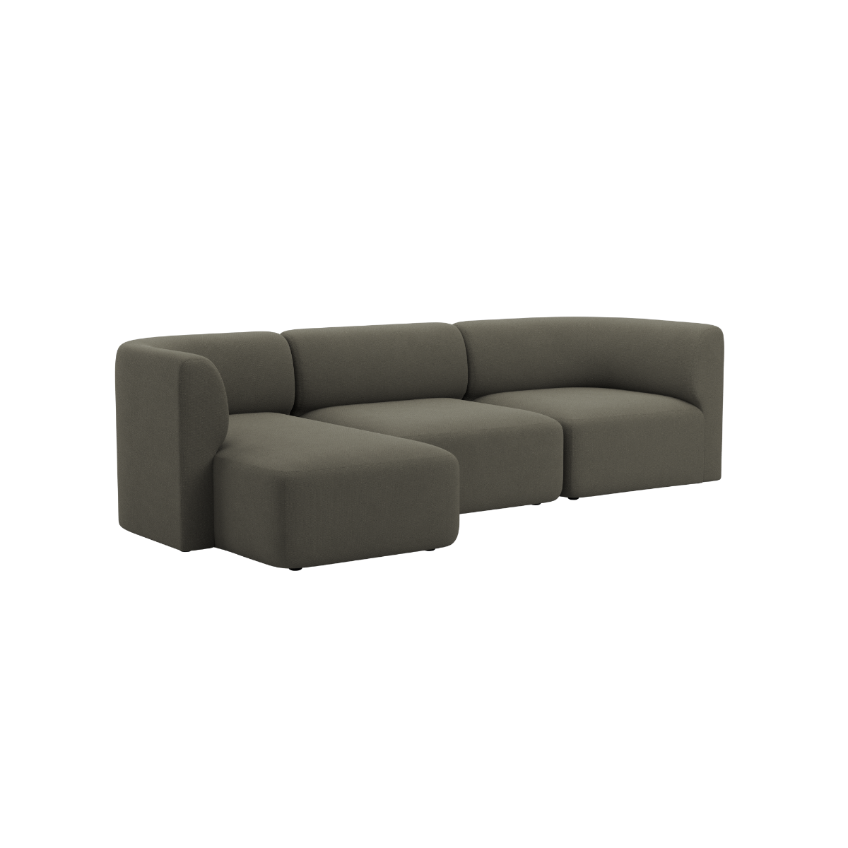 sackit Fjord sofa med tre siddepladser og venstrevendt chaiselong i mørkegråt stof og bløde afrundede former til et moderne skandinavisk hjem